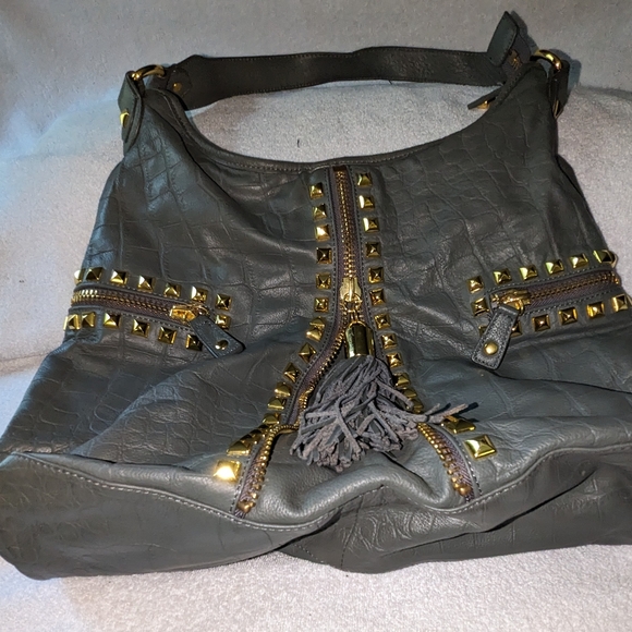 Betsey Johnson leather studded tassel hobo shoulder bag. - Picture 9 of 12